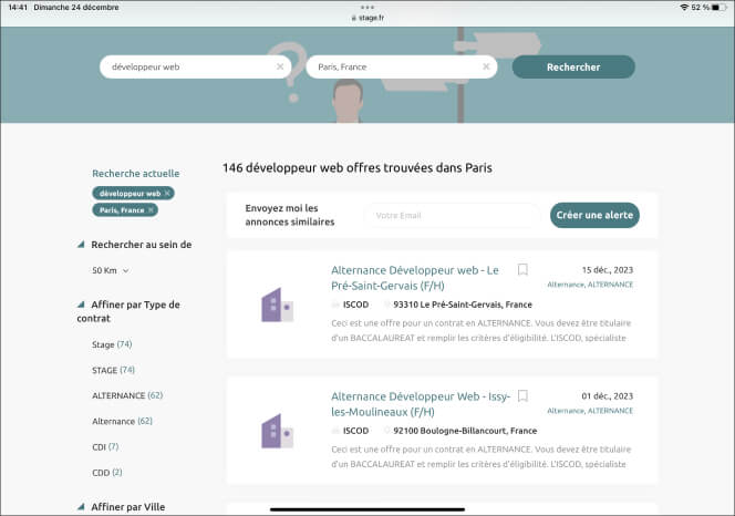 Capture d'écran du site internet stage.fr